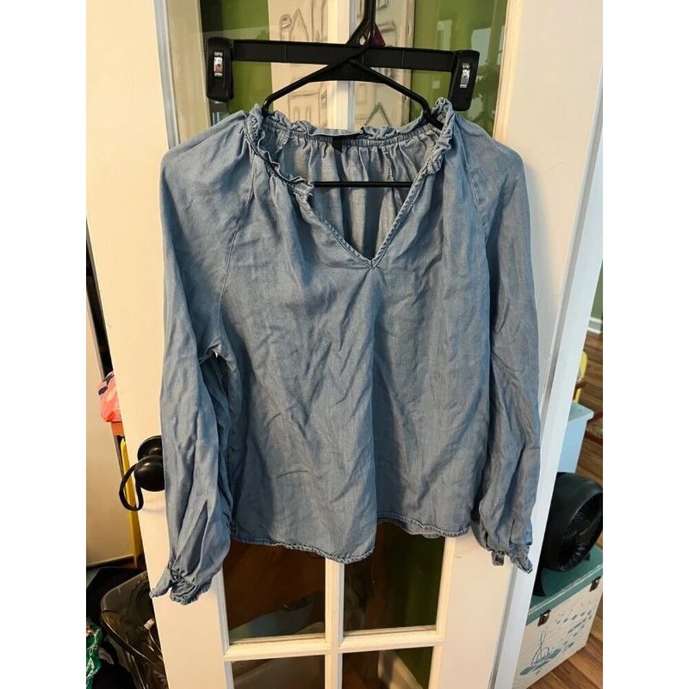 Who What Wear Blue Ruffle Neck Blouse Size S